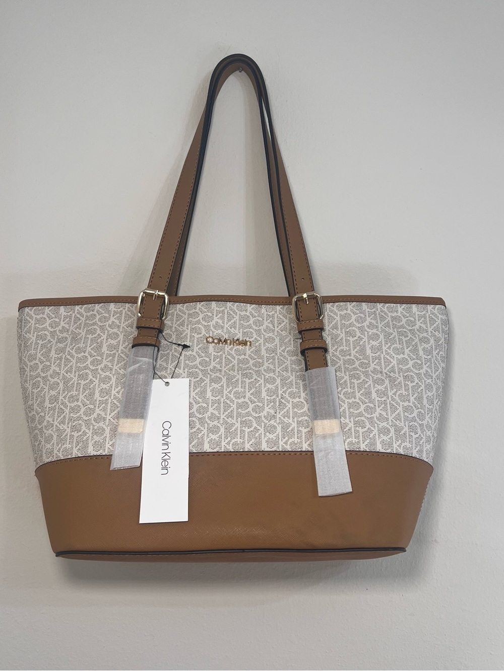 Calvin Klein Cream Monogram Tote with Tan Trim